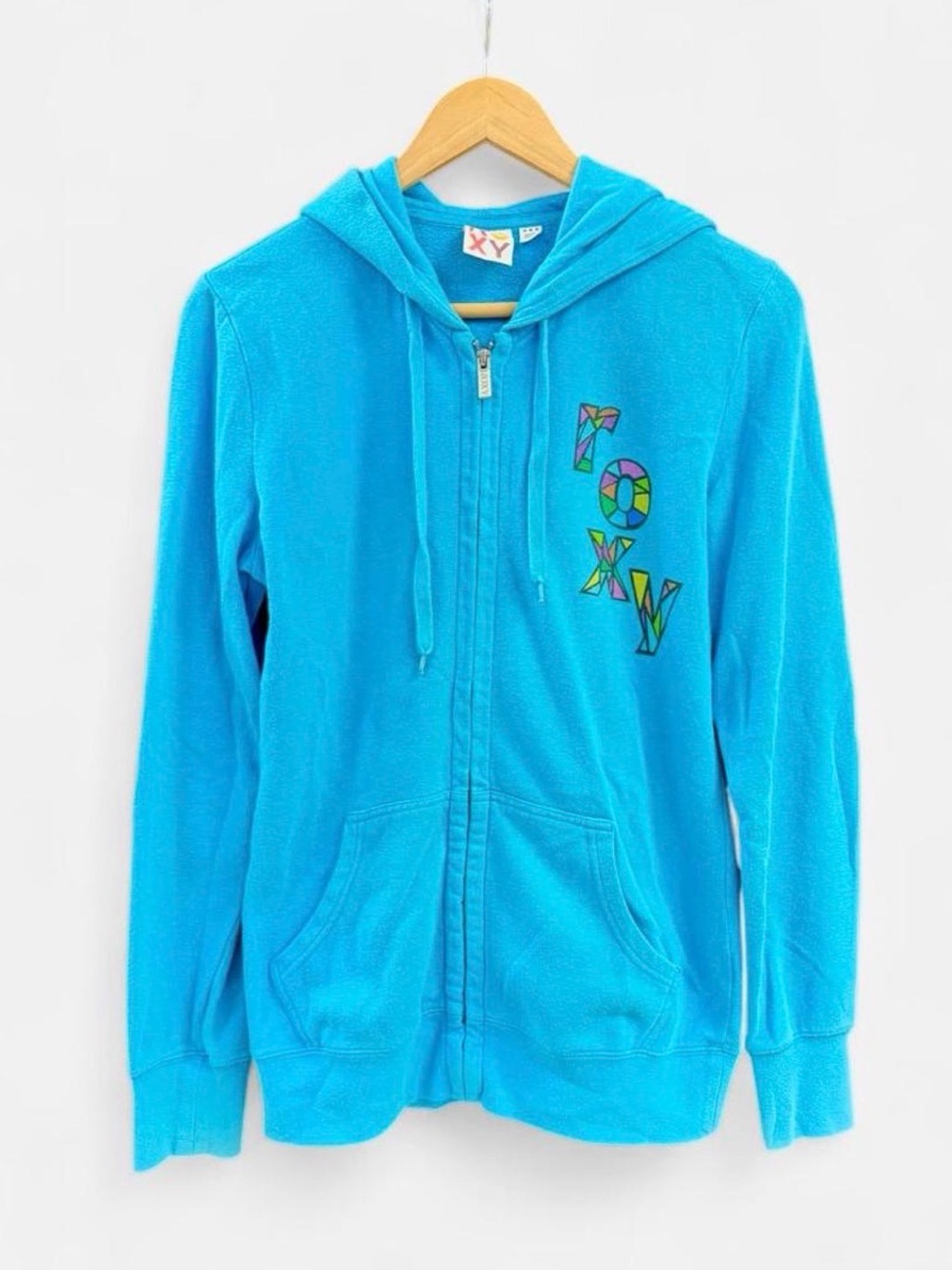 Women’s Vintage Y2K Roxy Bright Blue Zip-Up Hoodie with Colorful Roxy Logo